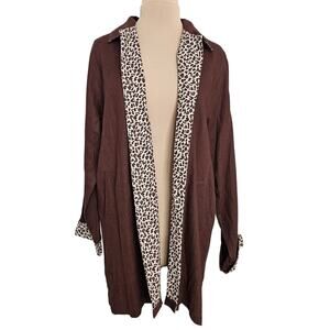 Marisa Christina Jacket Womens XL Linen Brown Animal Print Longline Pockets VTG